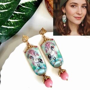 Crane Bird Enamel Beaded Earrings Vintage Style Rhinestone Asian Baroque NEW
